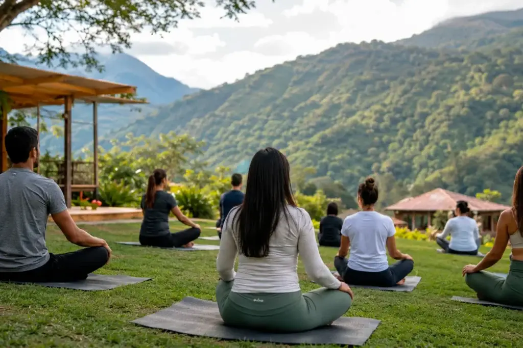 Team building empresarial wellness retreat al aire libre — mindfulness y conexión grupal de MentalWork